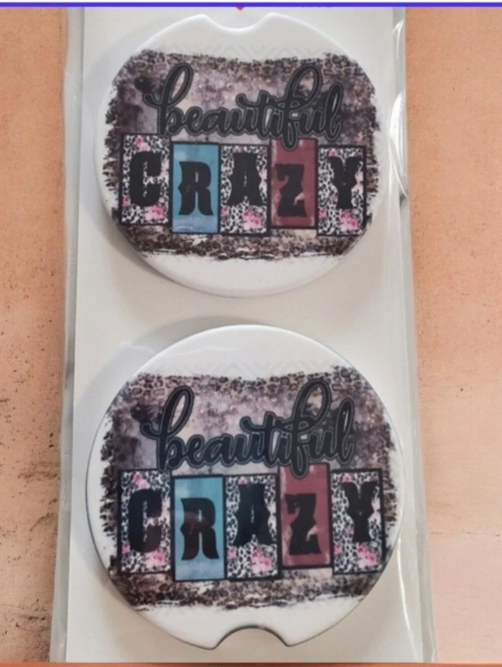 beautiful CRAZY Set Of 2 Ceramic Car Coasters